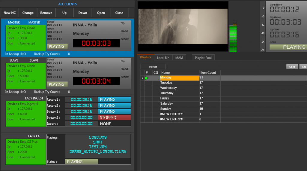 Playout operation safety is increased by using Easy OnAir in mirror mode. Mirror mode is fully redundant playout. Easy Net Control is client application to create a mirror playout automation, or M+N back up facility.